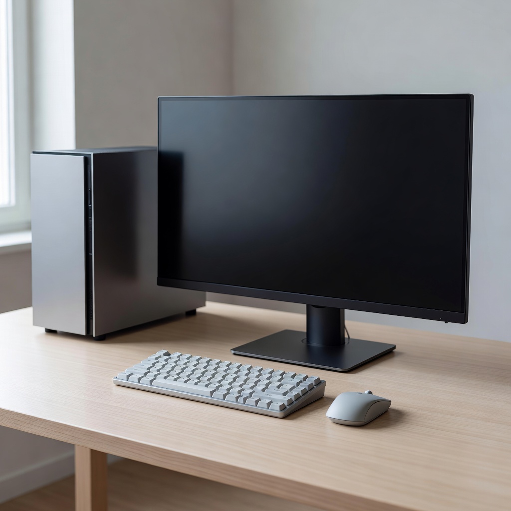 Clean desk setup with a new monitor, keyboard and computer