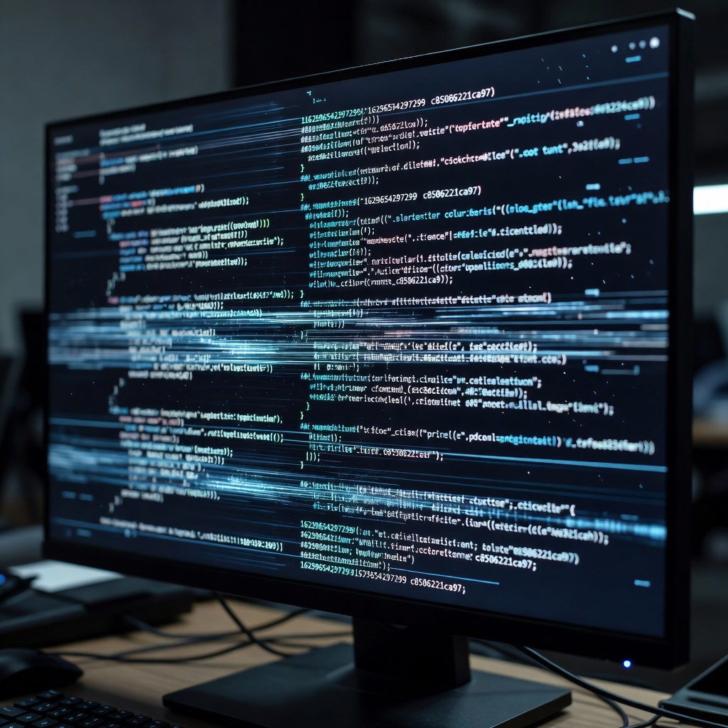 Computer screen displaying system logs and software code
