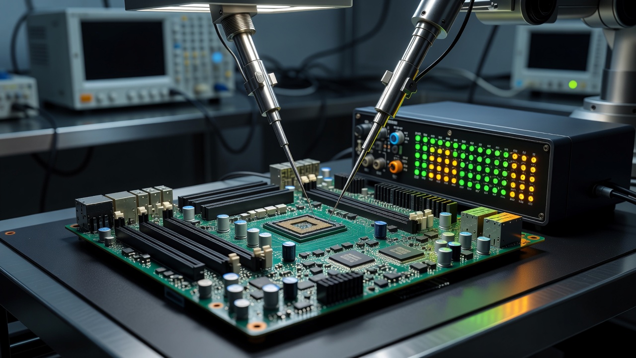 Diagnostic equipment testing a computer motherboard