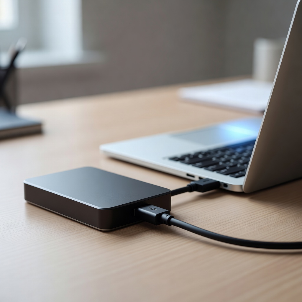 External hard drive connected to a laptop via USB cable