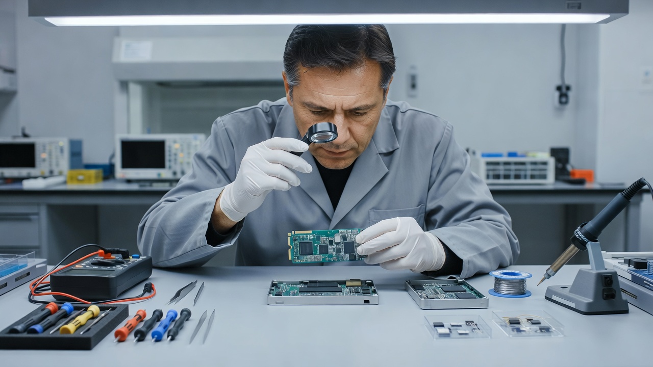 Technician inspecting hardware components on a clean professional repair bench