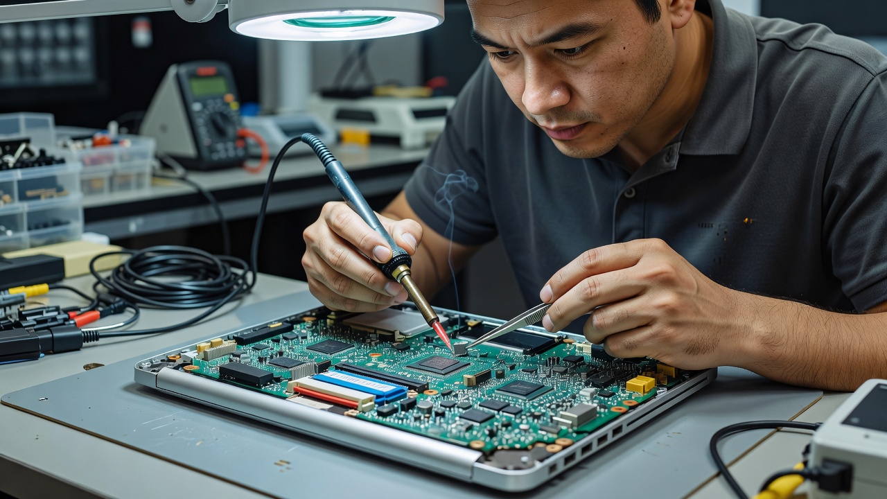 Technician working on an open laptop motherboard